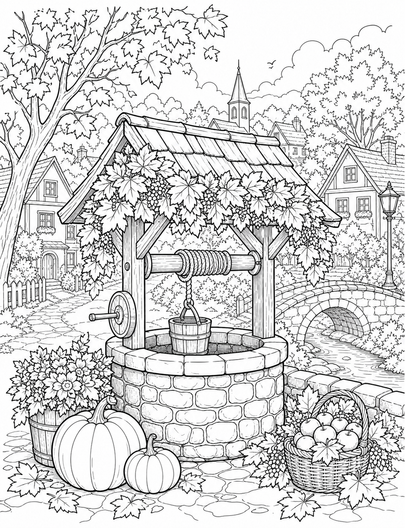 Autumn Village Well With Leaf Garlands printable coloring page from the fall coloring pages collection