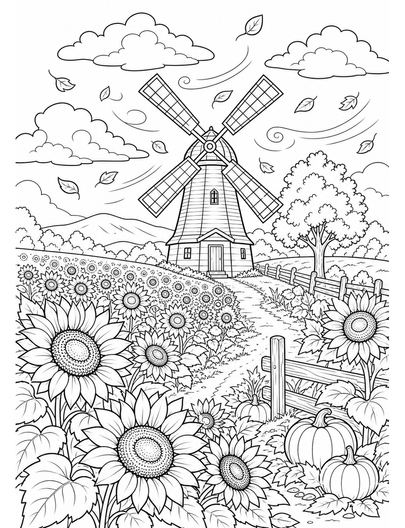 Autumn Windmill By Sunflower Field printable coloring page from the fall coloring pages collection