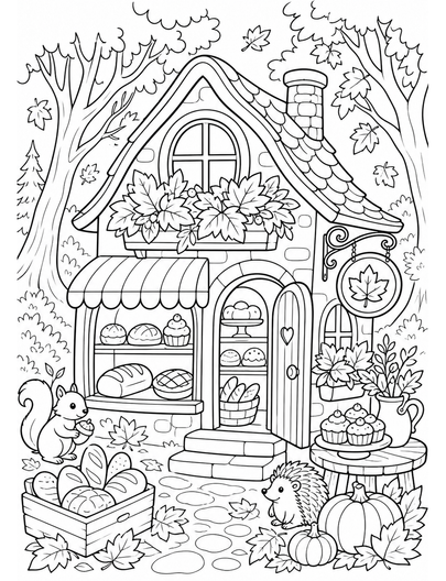 Autumn Woodland Bakery With Leaf Windowboxes printable coloring page from the fall coloring pages collection