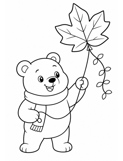 Cozy Bear With A Leaf Kite printable coloring page from the fall coloring pages collection