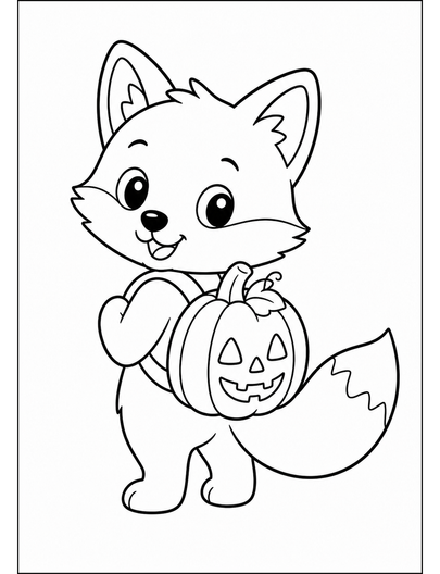 Cute Fox Wearing A Pumpkin Backpack printable coloring page from the fall coloring pages collection