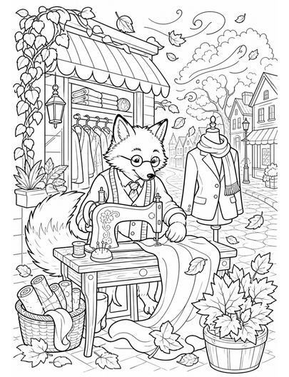 Fox Tailor Shop On A Windy Autumn Street printable coloring page from the fall coloring pages collection