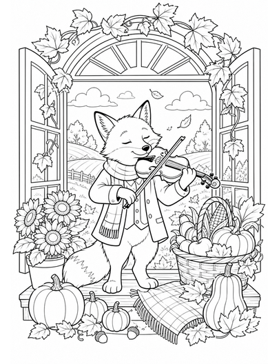 Fox Violinist At A Harvest Window printable coloring page from the fall coloring pages collection