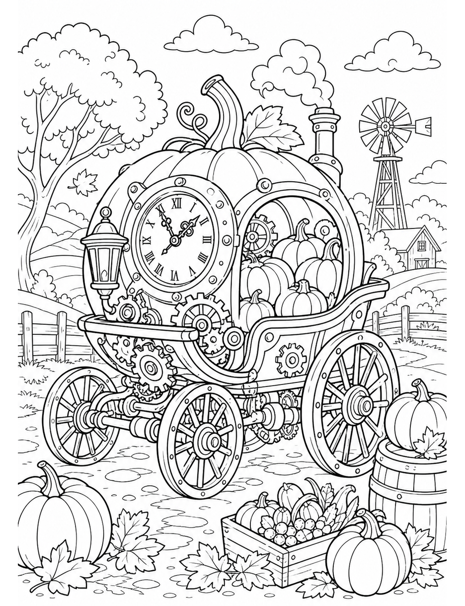 Harvest Clockwork Pumpkin Cart printable coloring page from the fall coloring pages collection