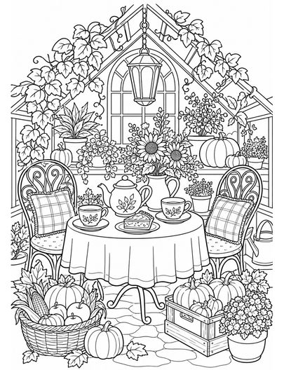 Harvest Greenhouse Tea Table printable coloring page from the fall coloring pages collection