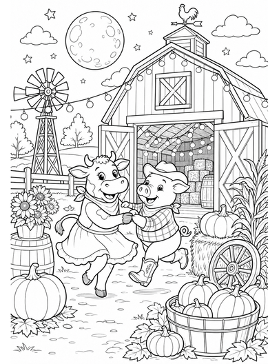 Harvest Moon Barn Dance printable coloring page from the fall coloring pages collection