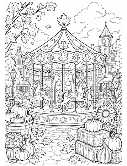 Maple Leaf Carousel In A Harvest Square printable coloring page from the fall coloring pages collection