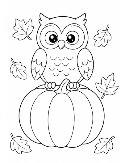 Owl On A Pumpkin With Falling Leaves printable coloring page from the fall coloring pages collection