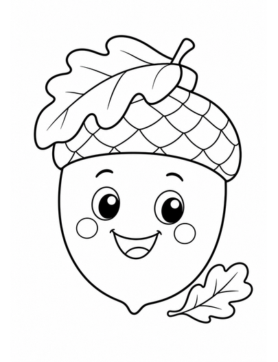 Smiling Acorn With Leaf Hat printable coloring page from the fall coloring pages collection