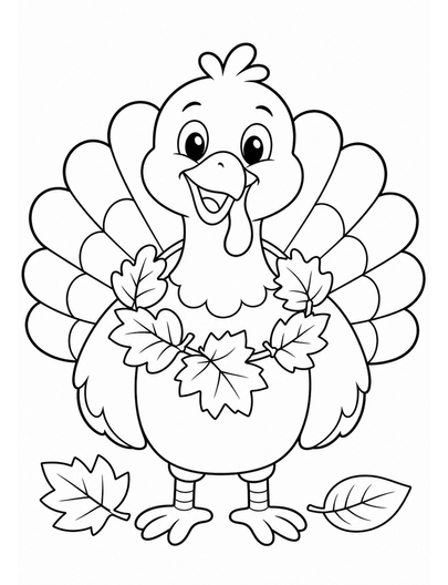 Smiling Turkey With A Leaf Garland printable coloring page from the fall coloring pages collection