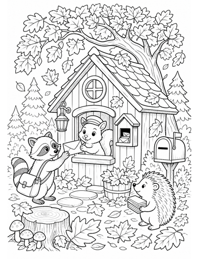 Woodland Post Office In Autumn Leaves printable coloring page from the fall coloring pages collection