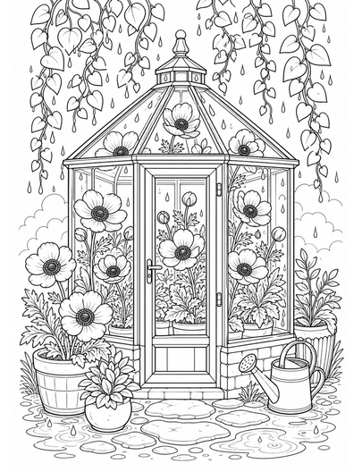Anemone Glasshouse With Rainy Vines printable coloring page from the flower coloring pages collection