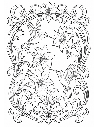 Art Nouveau Flower Frame With Hummingbirds printable coloring page from the flower coloring pages collection