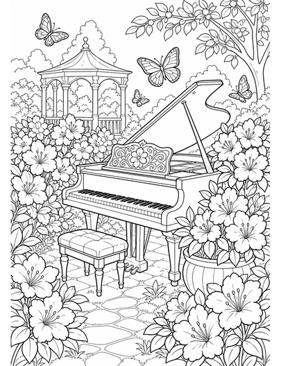 Azalea Piano Garden With Butterflies printable coloring page from the flower coloring pages collection
