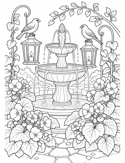 Begonia Fountain With Finch Lanterns printable coloring page from the flower coloring pages collection