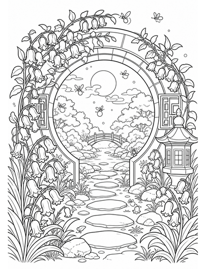Bluebell Moon Gate With Fireflies printable coloring page from the flower coloring pages collection