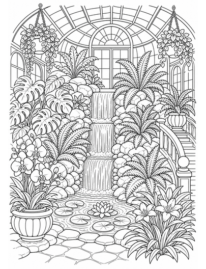 Botanical Greenhouse With Ferns And Waterfall printable coloring page from the flower coloring pages collection