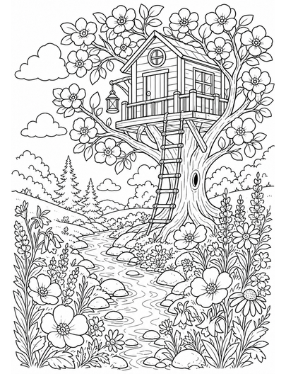 Buttercup Treehouse Above Wildflower Creek printable coloring page from the flower coloring pages collection