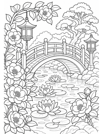 Camellia Lantern Bridge With Water Lilies printable coloring page from the flower coloring pages collection