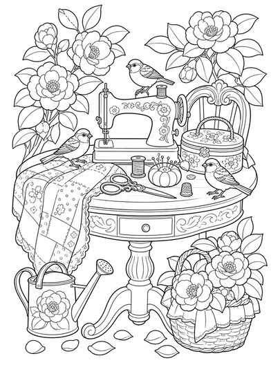 Camellia Sewing Table With Garden Sparrows printable coloring page from the flower coloring pages collection
