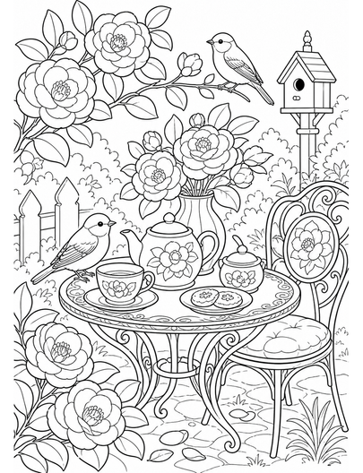 Camellia Tea Table With Songbirds printable coloring page from the flower coloring pages collection