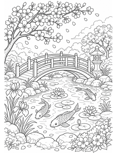 Cherry Blossom Bridge With Koi Pond printable coloring page from the flower coloring pages collection