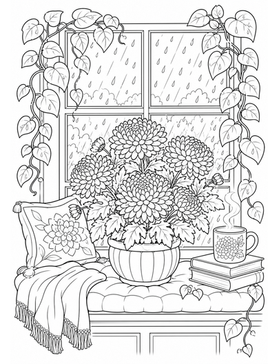 Chrysanthemum Window Seat With Rainy Vines printable coloring page from the flower coloring pages collection