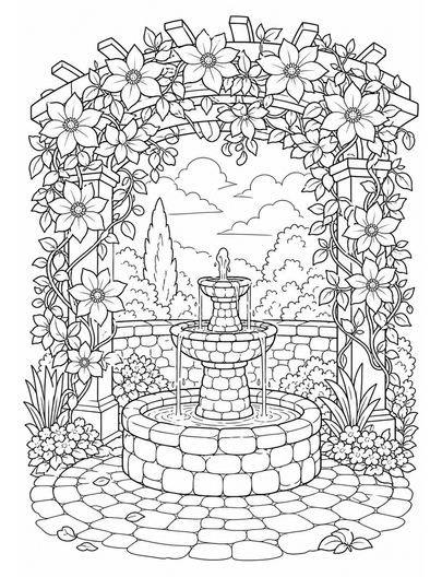 Clematis Pergola By Cobblestone Fountain printable coloring page from the flower coloring pages collection