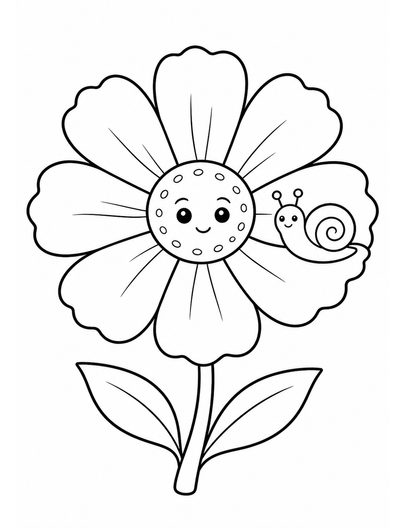 Cosmos Flower With A Tiny Snail Friend printable coloring page from the flower coloring pages collection