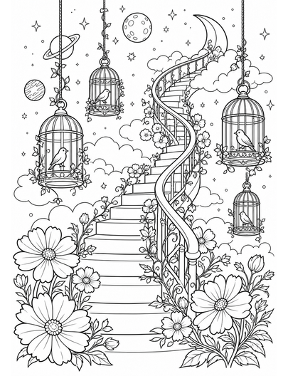 Cosmos Stairway With Hanging Birdcages printable coloring page from the flower coloring pages collection