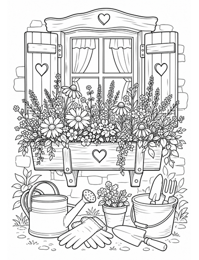 Cottage Window Box With Wildflowers And Tools printable coloring page from the flower coloring pages collection