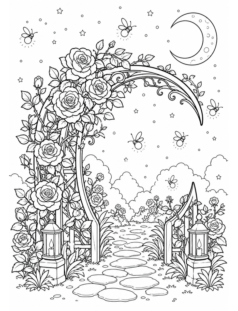 Crescent Moon Rose Arbor With Fireflies printable coloring page from the flower coloring pages collection