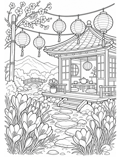 Crocus Teahouse With Paper Lanterns printable coloring page from the flower coloring pages collection