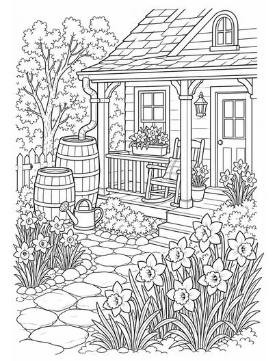 Daffodil Cottage Porch With Rain Barrels printable coloring page from the flower coloring pages collection