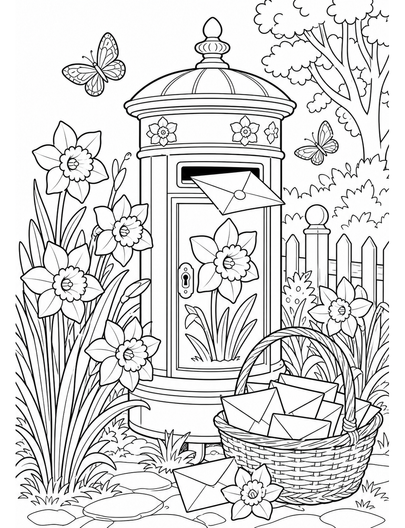 Daffodil Postbox With Garden Letters printable coloring page from the flower coloring pages collection