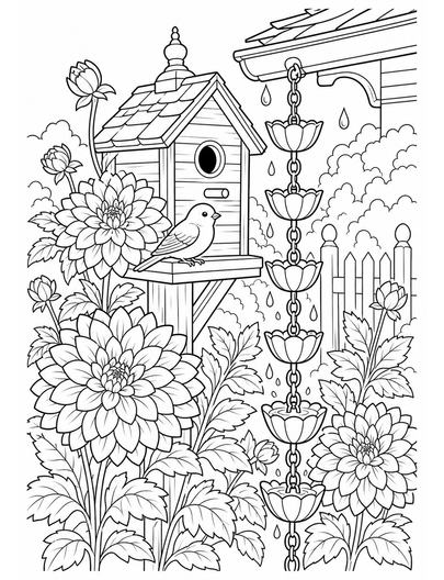 Dahlia Birdhouse Garden With Rain Chains printable coloring page from the flower coloring pages collection