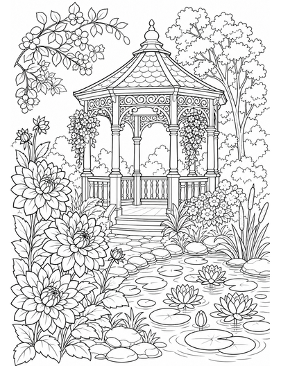 Dahlia Gazebo By A Lily Pond printable coloring page from the flower coloring pages collection