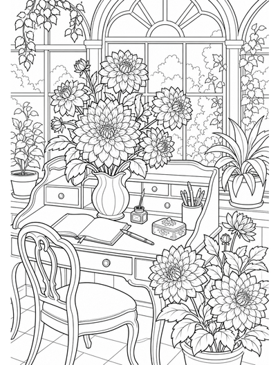 Dahlia Writing Desk By A Conservatory Window printable coloring page from the flower coloring pages collection