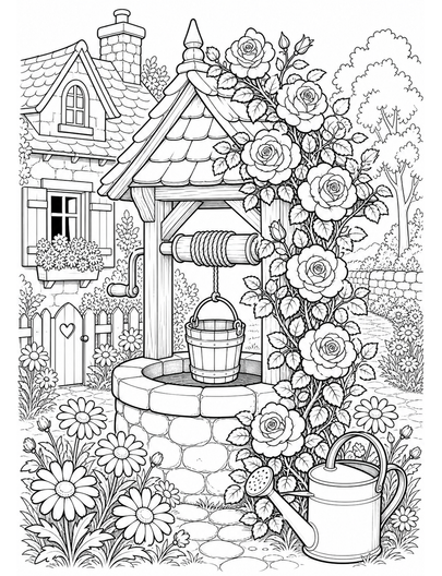 Daisy Cottage Well With Climbing Roses printable coloring page from the flower coloring pages collection