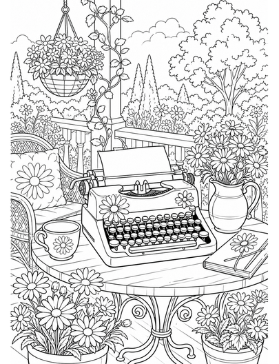 Daisy Typewriter On A Garden Veranda printable coloring page from the flower coloring pages collection