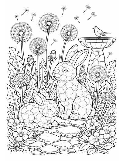 Dandelion Clock Garden With Stone Rabbits printable coloring page from the flower coloring pages collection