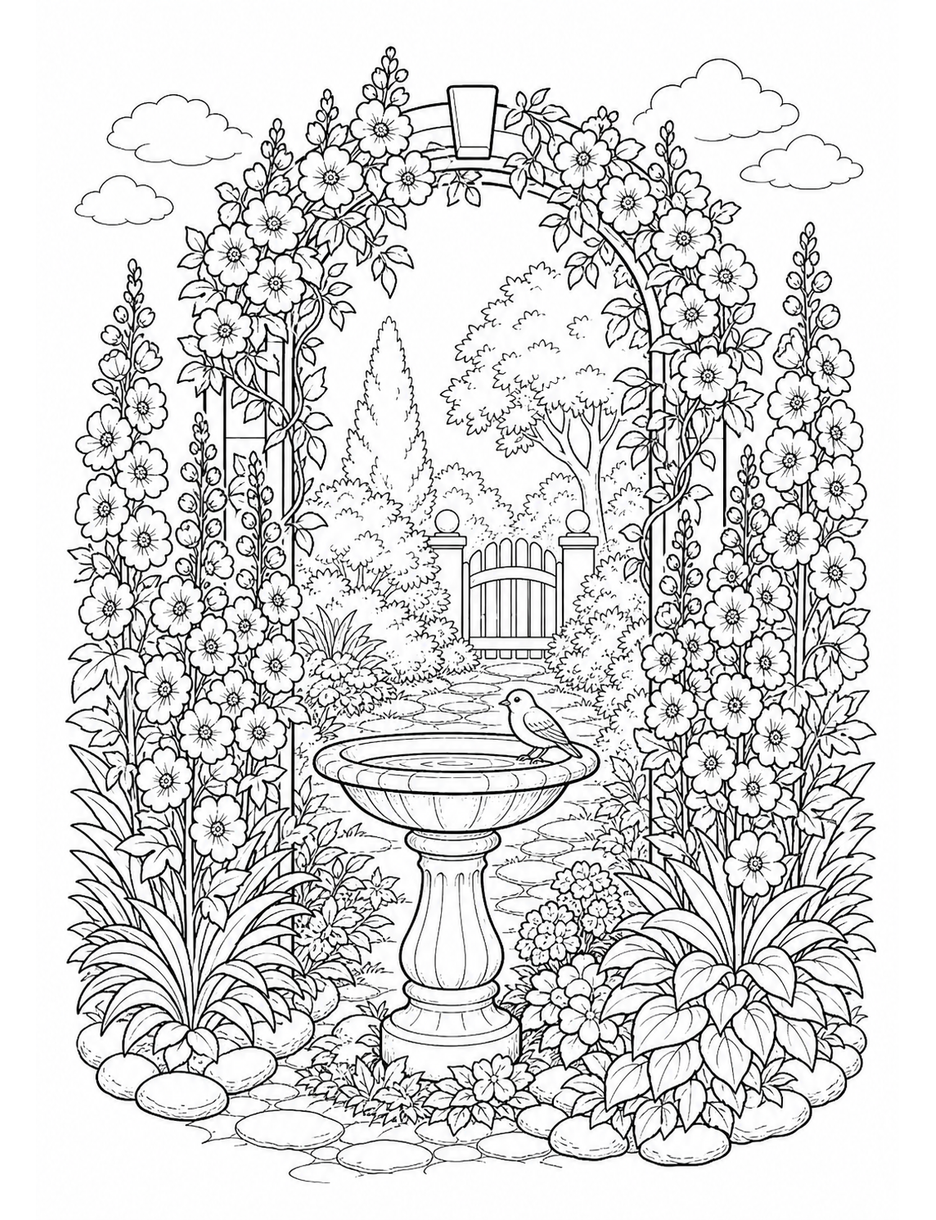 Delphinium Archway With Stone Birdbath printable coloring page from the flower coloring pages collection