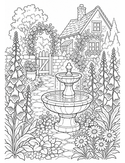 Foxglove Cottage Garden With Stone Fountain printable coloring page from the flower coloring pages collection