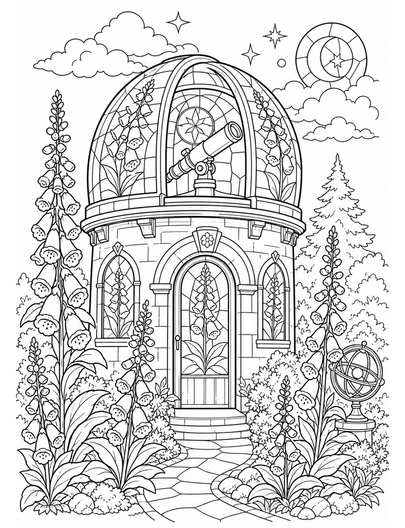 Foxglove Observatory With Stained Glass printable coloring page from the flower coloring pages collection