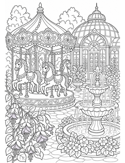 Fuchsia Carousel Beside A Glasshouse Fountain printable coloring page from the flower coloring pages collection