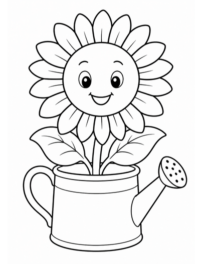 Giant Sunflower In A Watering Bucket printable coloring page from the flower coloring pages collection