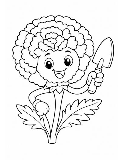Happy Marigold With A Tiny Garden Trowel printable coloring page from the flower coloring pages collection