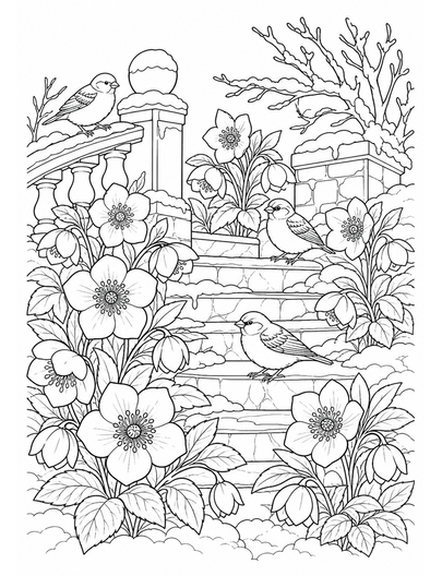 Hellebore Staircase With Winter Sparrows printable coloring page from the flower coloring pages collection