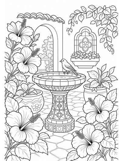 Hibiscus Courtyard With Tiled Birdbath printable coloring page from the flower coloring pages collection