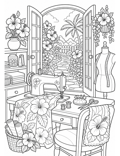Hibiscus Sewing Room With Open Garden Doors printable coloring page from the flower coloring pages collection